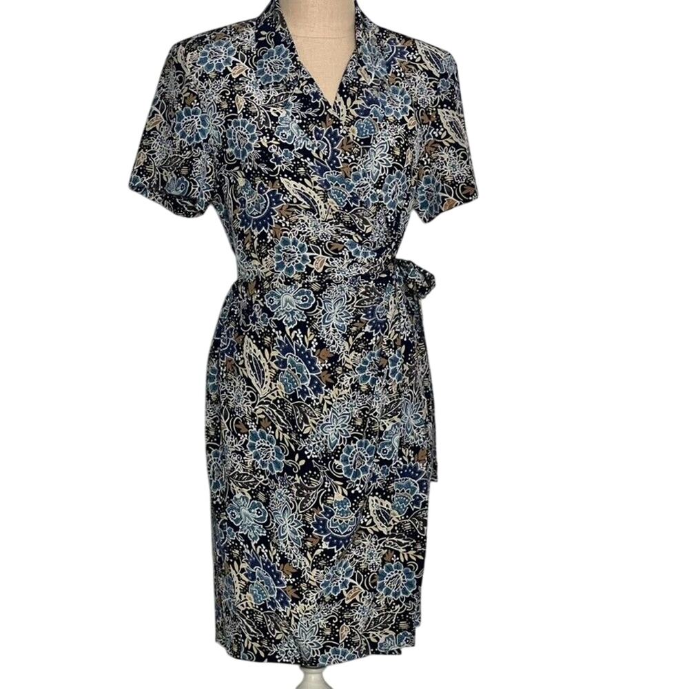 Talbots Dress Womens 8 Blue Silk Paisley 90s Y2K Wrap Nautical Floral Vintage